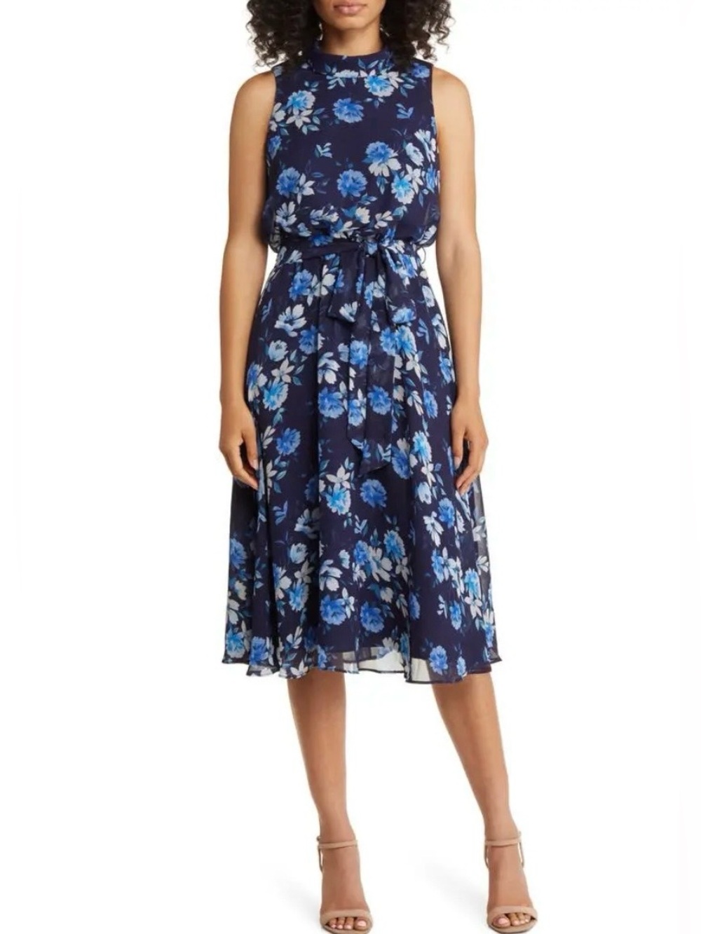 Eliza J Blue/White Floral Tie Belt Chiffon Sleeveless Midi Dress size 14